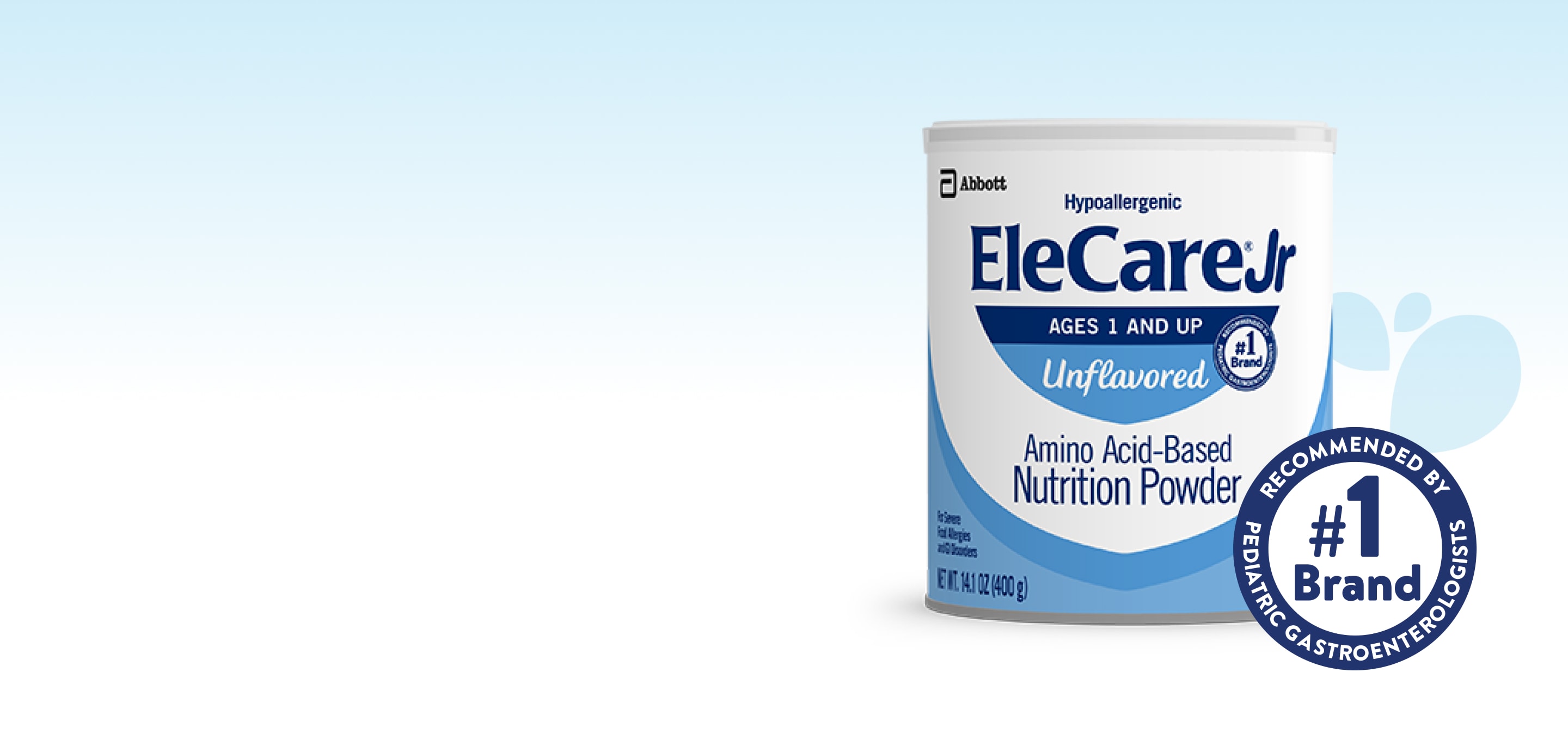 Can of EleCare Jr Amino Acid-Based Nutrition Powder.